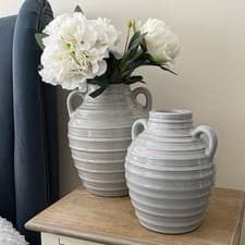 Image of Grey Ribbed Ceramic Vase Set of 2 with Handles – 20cm & 24cm Rustic Home Decor