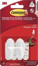 Image of Command Small Designer Hooks, White - Pack of 2 Hooks and 4 Adhesive Strips -