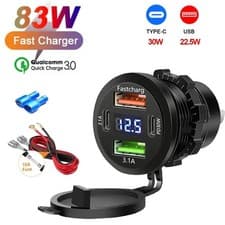 Image of 83W 4 Port USB C Car Charger PD QC 3.0 Fast Charge Socket Voltmeter 12V 24V UK