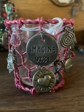 Image of Handmade Pink Candle Holder For T- Lights Or Votives. Charms, Bells, Crystals.