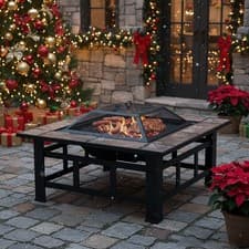 Image of Round Fire Pit BBQ Grill Outdoor Garden Firepit Table Brazier Stove with Cover