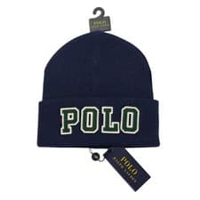 Image of Polo Ralph Lauren Wool Blend Knit Beanie Hat Blue Big POLO Logo Winter Cuff NWT