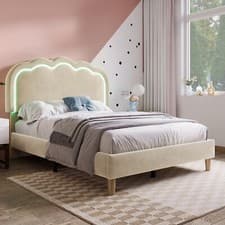 Image of Upholstered Bed Frame Beige Velvet 3ft Single Bed w/ Wood Slats & LED Headboard