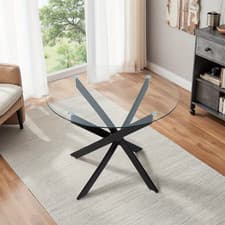 Image of 100cm Round Tempered Glass Dining Table with Black Metal Legs- Modern All-in-One