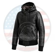 Image of Men’s Vintage Genuine Lambskin Leather Bubble Hooded Biker Black Winter Jacket