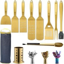 Image of BBQ Tools Set 10-Piece Stainless Steel Heat-Resistant Utensils with Holder -Gold