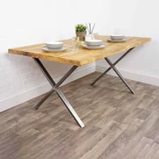 Image of Dining Table Wooden Solid Kitchen Oak Style Furniture Metal X Style Steel Legs