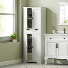 Image of Tall Bathroom Cabinet, Storage Cupboard with Drawer, Shelves, White
