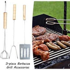 Image of 3Pcs BBQ Tool Set Grill Wooden Handle Barbecue Cooking Utensil Stainless Steel