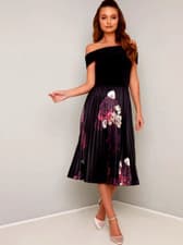 Image of Chi Chi size 12 Black + Red Rose Bardot Pleat  Dress Wedding Guest Party BNWT