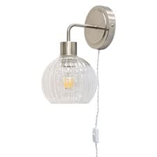 Image of Modern Bedside Plug in Wall Light Reading Lamp with Clear Ribbed Glass Shade