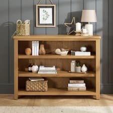 Image of Wide Low Bookcase Cotswold Rustic Smoked Oak Book Shelving Office Furniture