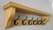Image of Coat Rack With Shelf 6 Black Double Hooks Medium Oak Wax