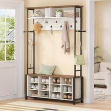 Image of Hall Tree Coat Rack Shoe Storage Bench 13 Hooks 14 Cubes Adjustable Shelves Unit