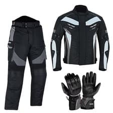 Image of Profirst Motorbike Black Suit Waterproof Riding Textile Trousers Jacket & Gloves