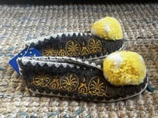 Image of Handmade Greek Wool Slippers Pom Pom Leather Sole EU 35 UK 2 Folk Traditional