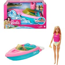 Image of Barbie Doll & Boat Playset with Pet Puppy New (Box Damaged)