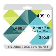 Image of 3x Compatible For Dymo D1 40910 Standard Labelling Tape Black on Clear 9mm x 7m