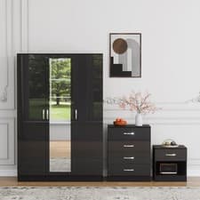 Image of 3 Piece High Gloss Bedroom Furniture Bedside Table Wardrobe Set Chest of Drawer