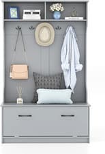 Image of Coat Stand Shoe Storage Bench Hooks Shelves Cabinet Entryway Hall Tree Unit Grey