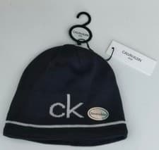 Image of Calvin Klein CK Logo Reversible Beanie Hat Adults Navy Blue White New OFFICIAL