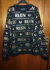 Image of True Religion Black Sweatshirt Size L Gold Metallic Logo New without tags