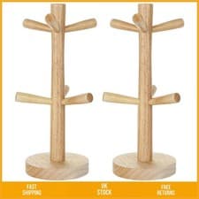 Image of Eco Friendly Wooden Coffee Cup Mug Tree Stand Holder 6 Hook Hanger Set 2 Pack