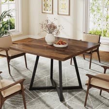 Image of 80cm Square Dining Table for 4,Industrial Dinner Table w/ Metal Base for Kitchen