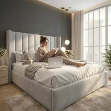 Image of Stylish Panel Plush Velvet Upholstered Bed Frame With Winged Headboard Kingsize