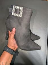 Image of NEW Rogue Women's Black Jewelled-Buckle Suede Ankle Stiletto Bootie Side