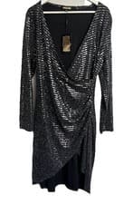 Image of BIBA Silver Sequin Dress faux wrap Size XL UK 16 Evening Party Rrp £90 new 