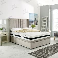 Image of Winged Bed Upholstered Gas Lift Ottoman Storage Bed Frame with Panel Headboard