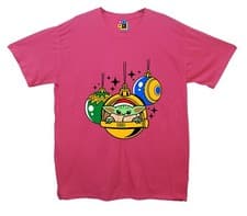 Image of Santa Hat Yoda In Bauble Christmas Printed T-Shirt (Star Wars Inspired)
