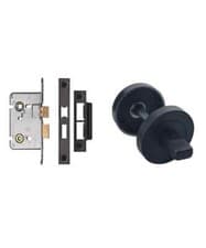 Image of Bathroom Mortise Lock Matte Black 2.5 + Thumb Turn Matte Black on Round Rose