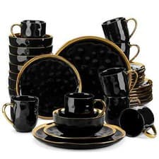 Image of Dinnerware Set Porcelain Black Gold Trim 16 32 Piece Plates Bowls Cups Tableware