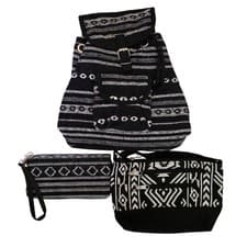 Image of Woven Geometric Boho 3pc Bag Set Mini Backpack Crossbody Wristlet Black White