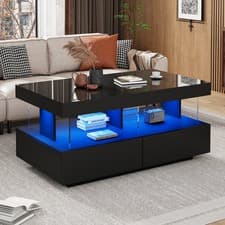 Image of Coffee Table Black High Gloss Tea Table with LED RGB Lights 2 Drawer Storage