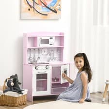 Image of Kids Kitchen Playset Wooden Play Kitchen w/ Water Dispenser, Microwave - Pink