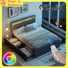 Image of 4.6FT Bed Frame with Upholstered Platform,4 Drawers Storage Double Bed w/ LED