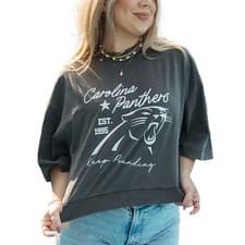 Image of Women's Girl Tribe Co. Charcoal Carolina Panthers Sweat Cropped T-Shirt. Size S