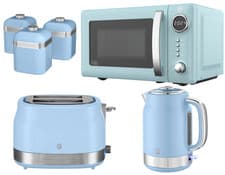 Image of Swan Retro Revive Blue Kettle 2 Slice Toaster Microwave Canisters Bundle Set