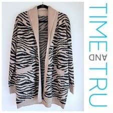 Image of NEW SAMPLE Time and Tru Women's Long Line Open Cardigan in Zebra Jacquard Tan M