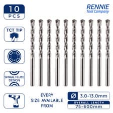 Image of 10 Pack x TCT Tipped Masonry Drill Bits Sizes 3 - 13mm For Brick Concrete Wood