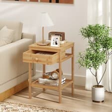 Image of Bedside Table Bamboo Nightstand with Storage Drawer-Natural