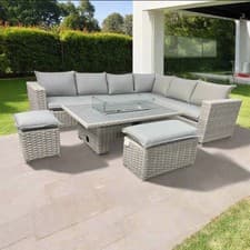Image of Grey Rattan Fire Pit Corner Sofa Set Table Garden Furniture 9 seater l shape