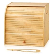 Image of 2 Layer Bamboo Bread Bin Rolling Shutter Door Double Decker Storage Box Kitchen