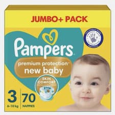 Image of Pampers New Baby Size3 Nappy 6-10Kg Premium Protection Soft Jumbo+Pack 70Nappies