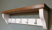 Image of Coat Rack With Shelf wooden Wall mounted 5 Silver Hooks All White Dark Oak Wax