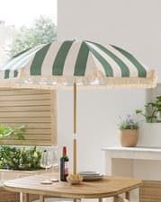 Image of Green White Stripe Parasol Fringed Tassel Garden Umbrella 160cm 180cm Steel Pole