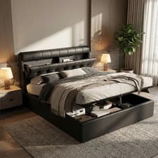 Image of 4ft6 Double Ottoman Gas Lift Up Upholstered Bed Frame W/ Storage Headboard Black